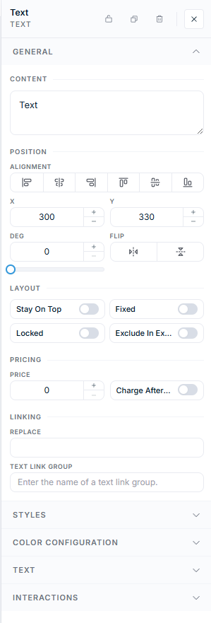 Product Builder with a text element selected and the properties panel showing font and permission settings