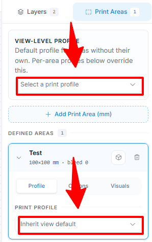 Print areas panel — view-level profile and per-area Profile tab