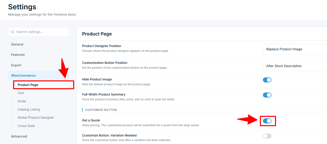 Settings — Get a Quote checkbox