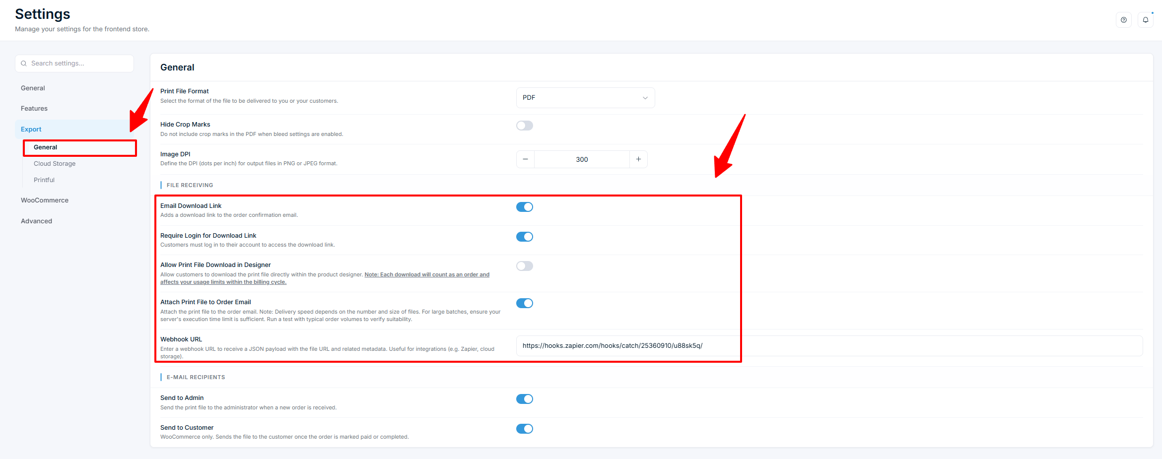 Settings — Export General with File Receiving and Webhook URL