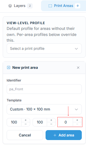 Product Builder — print area with bleed zone visible