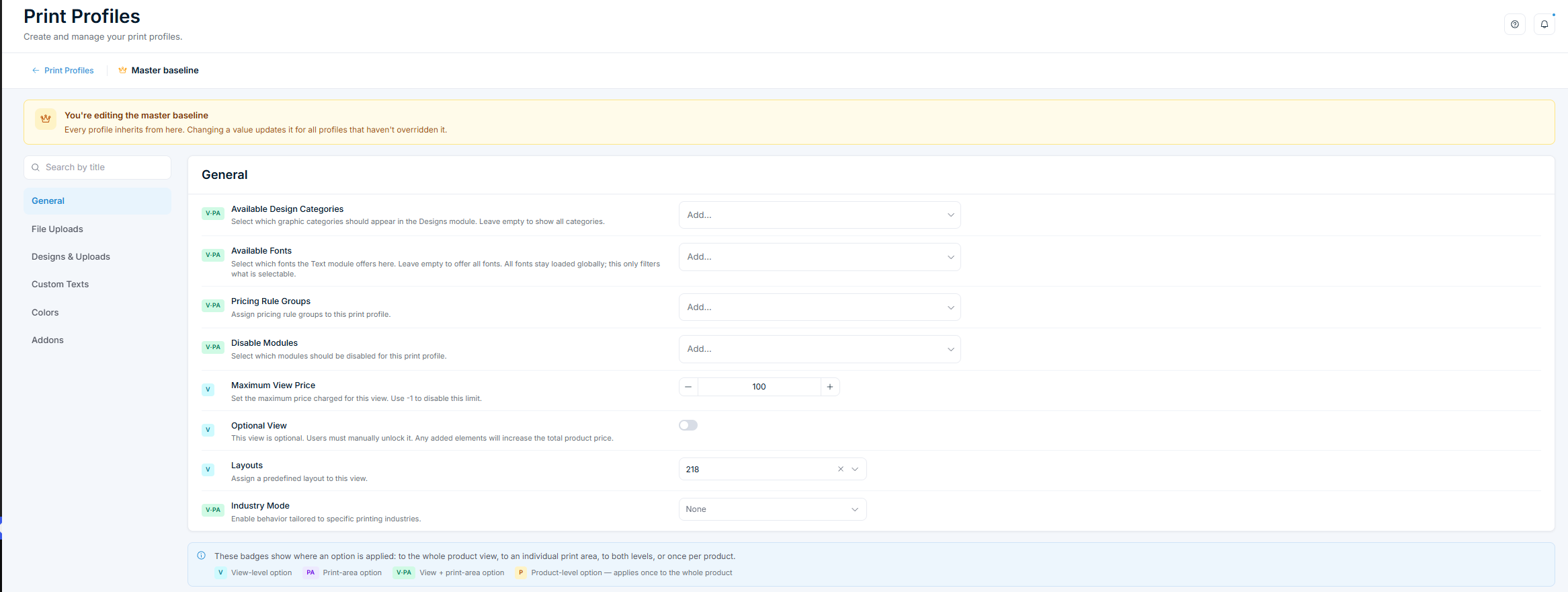 Print Profiles — Master baseline editor with tabs