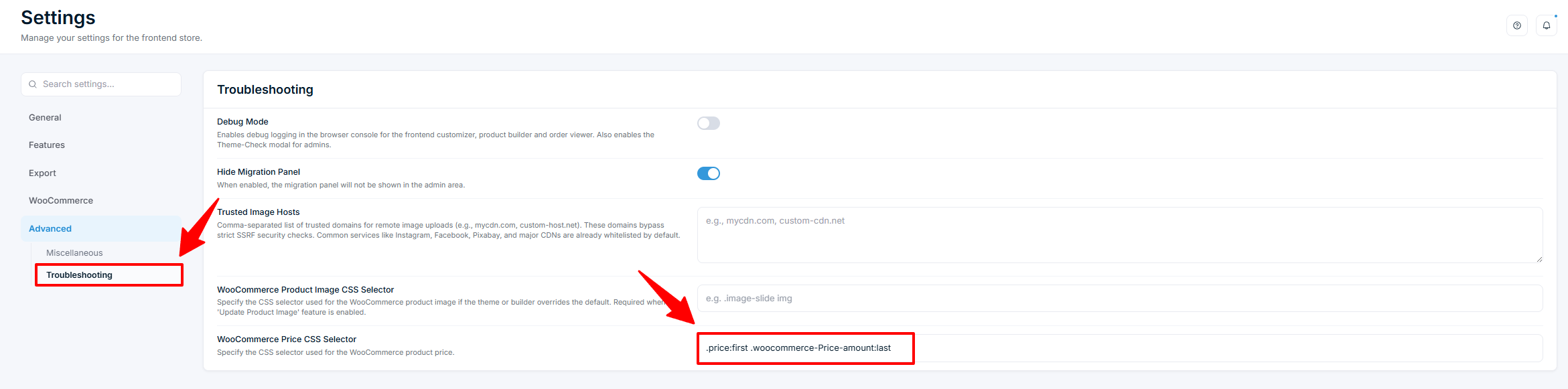 Settings — Advanced Troubleshooting with CSS selector fields