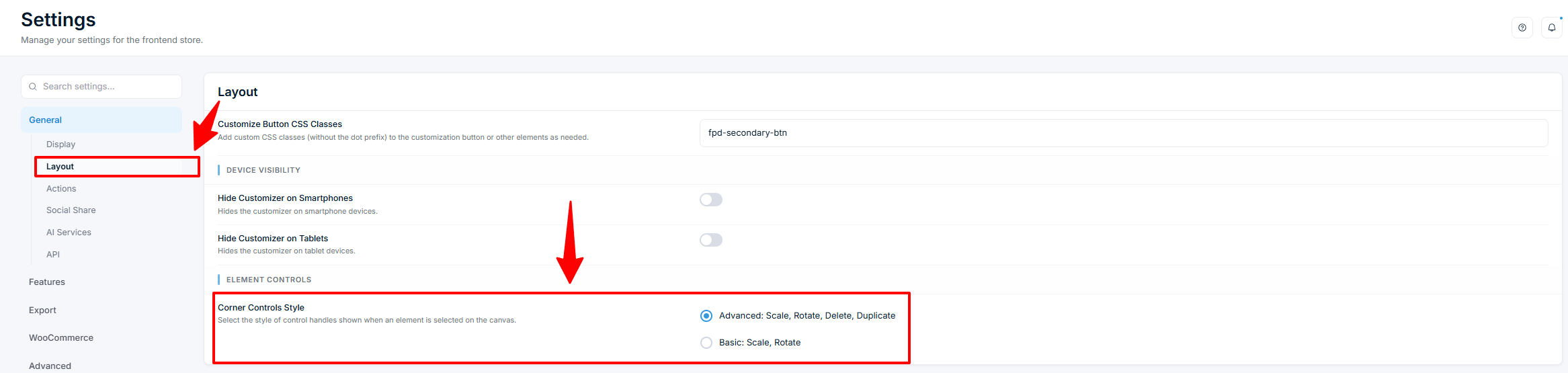 Settings — General Layout with Corner Controls Style