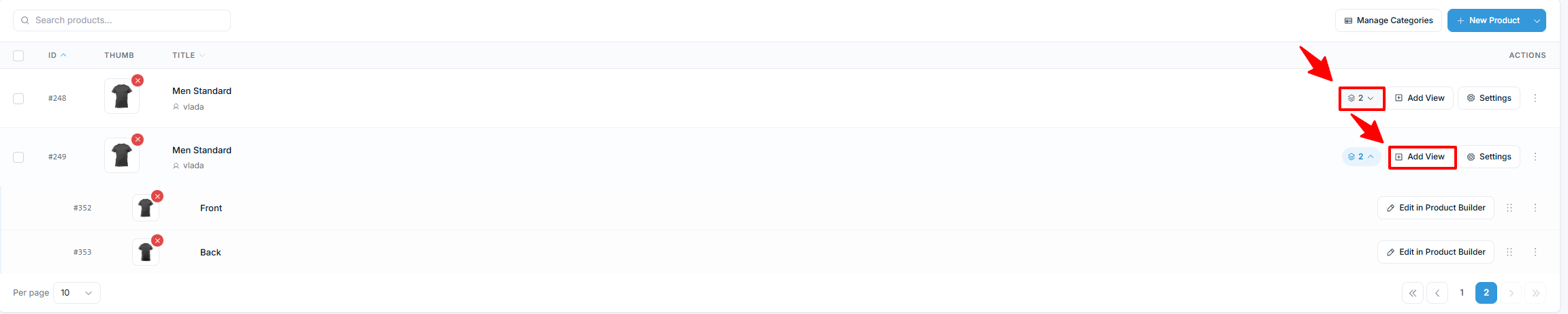 Chamevo Products list — Add View and Settings actions per product, with expanded views