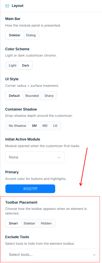 Layout-Tab – Toolbar Placement und Exclude Tools