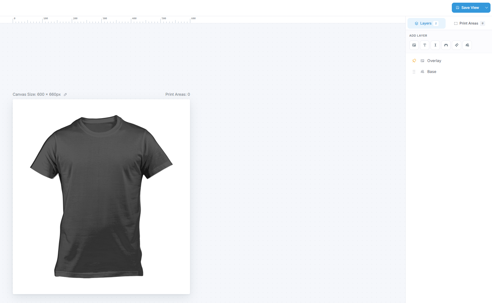 Product Builder canvas with a product background image loaded, empty of elements