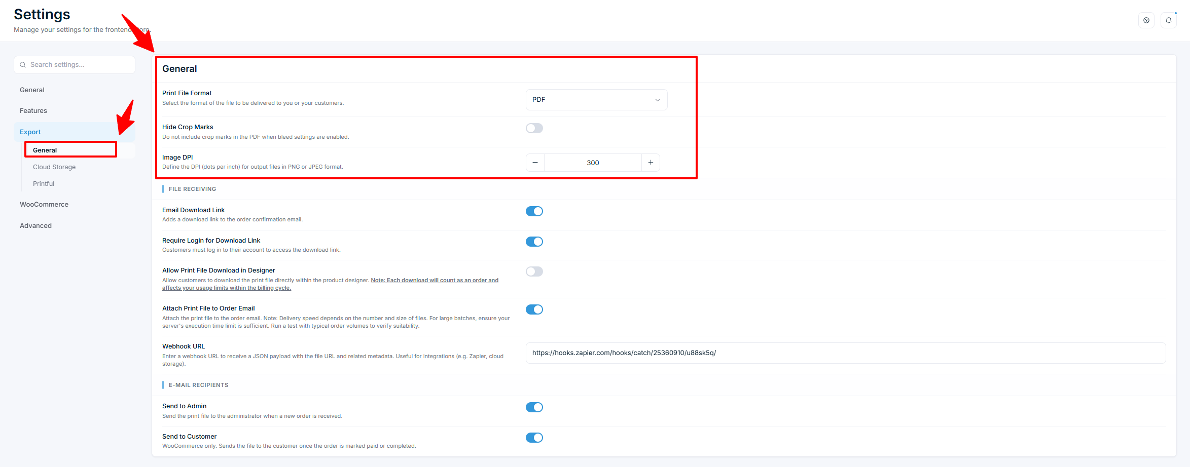 Settings — Export General with Print File Format and Image DPI