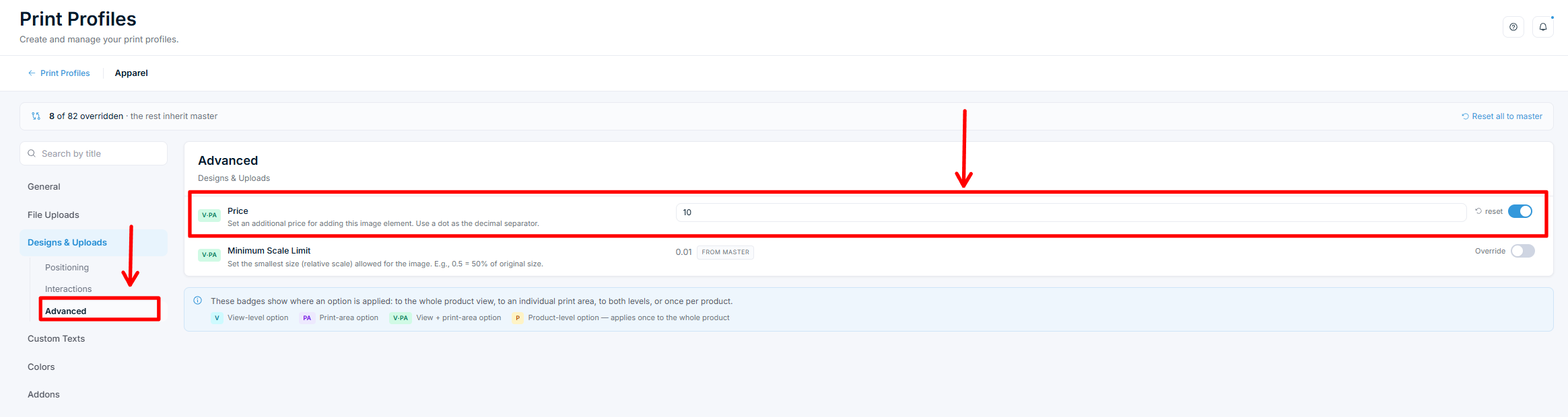 Print Profile Designs & Uploads tab, Advanced subsection, with the Price field highlighted