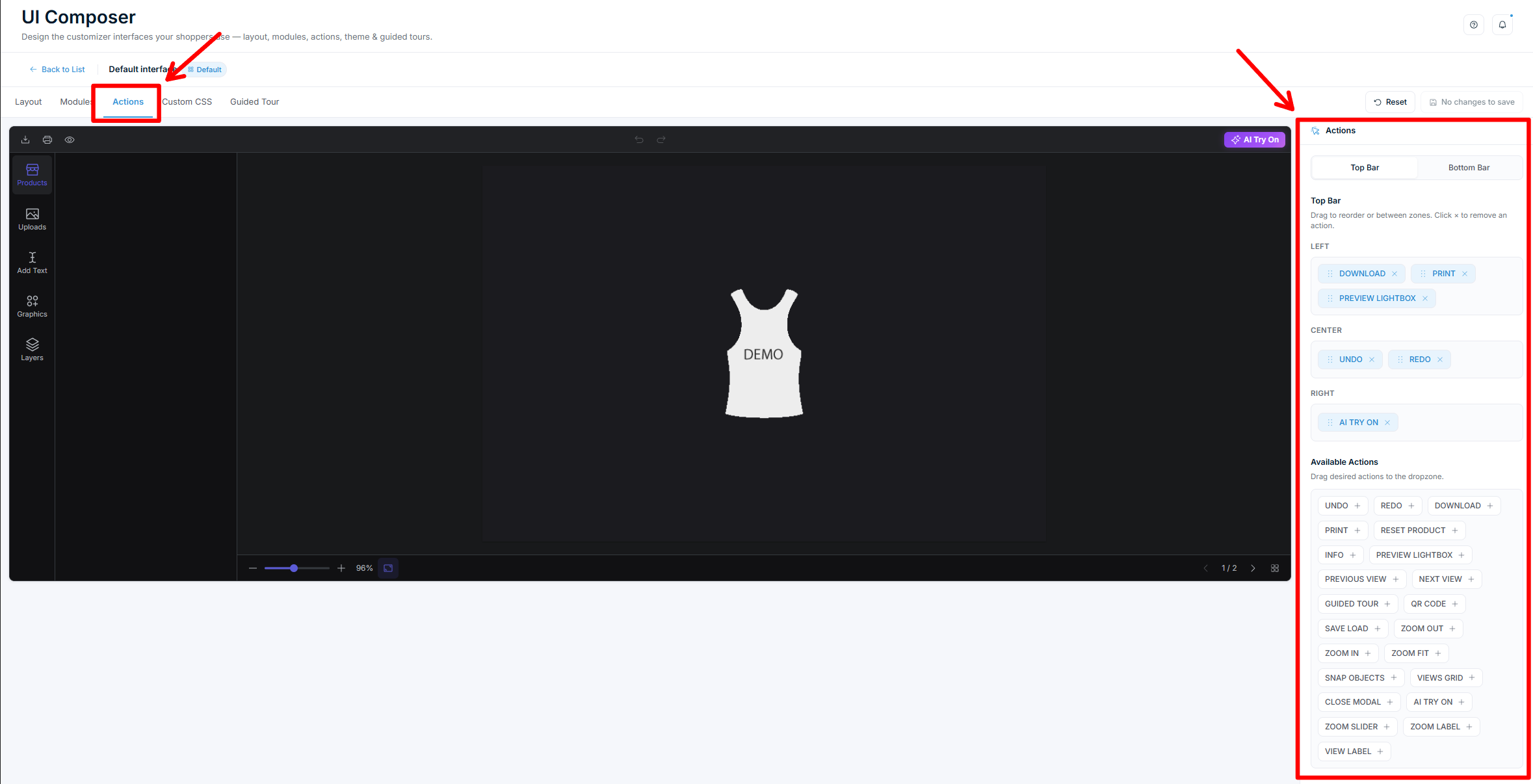 Actions-Tab – Zonen der Top- und Bottom-Bar