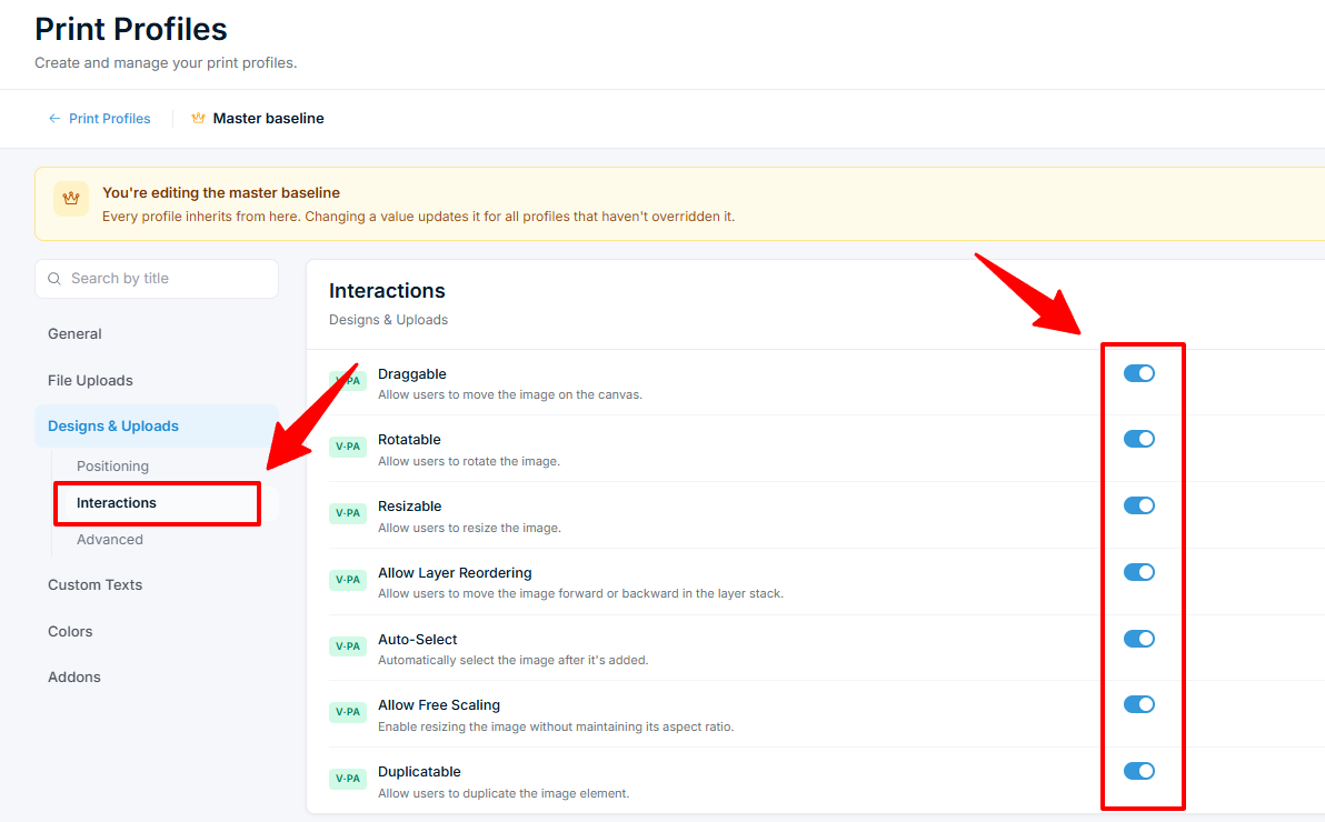 Print Profiles — Designs & Uploads Interactions section
