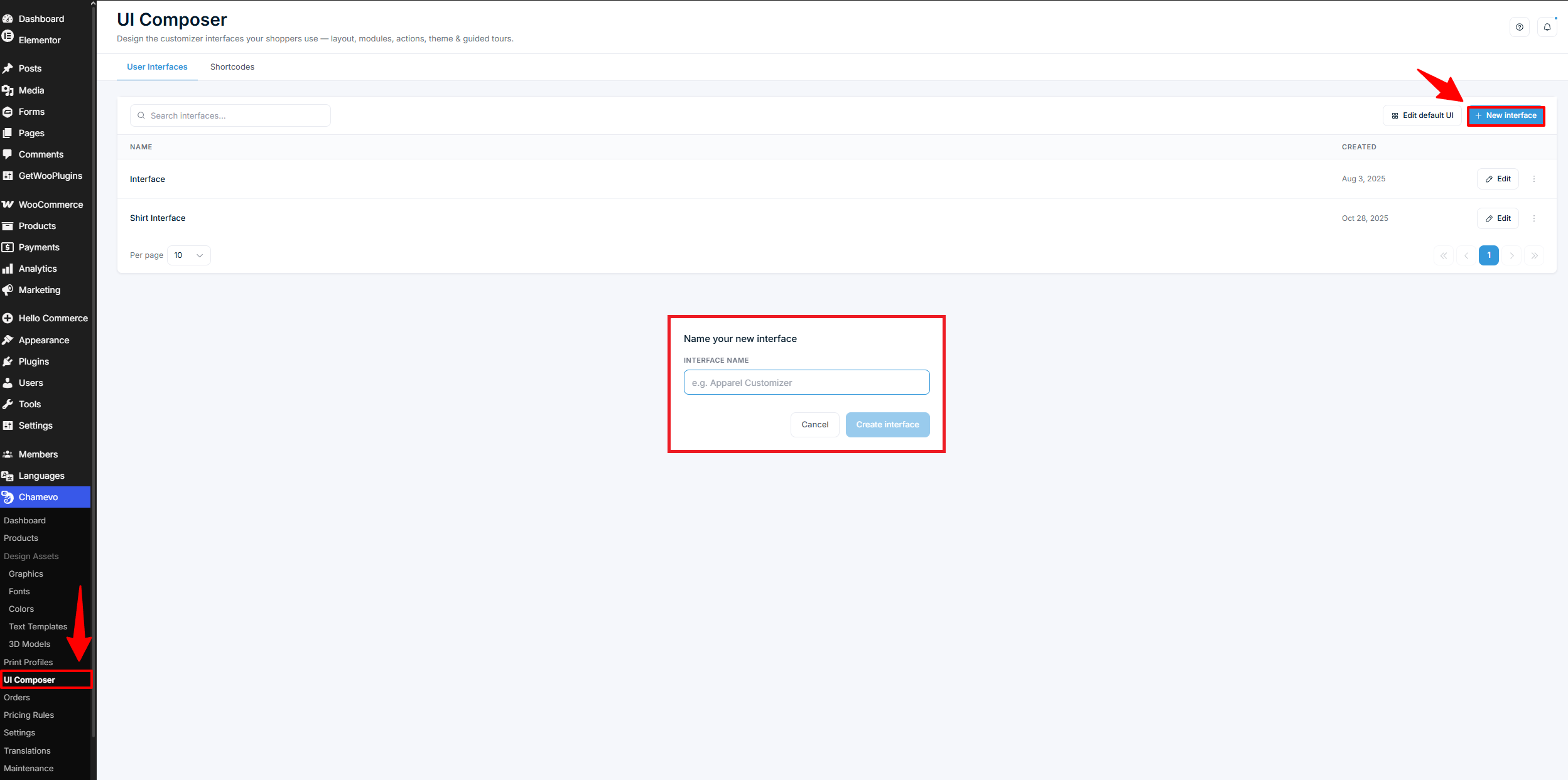 UI Composer – Interface-Liste mit dem Dialog „New Interface“