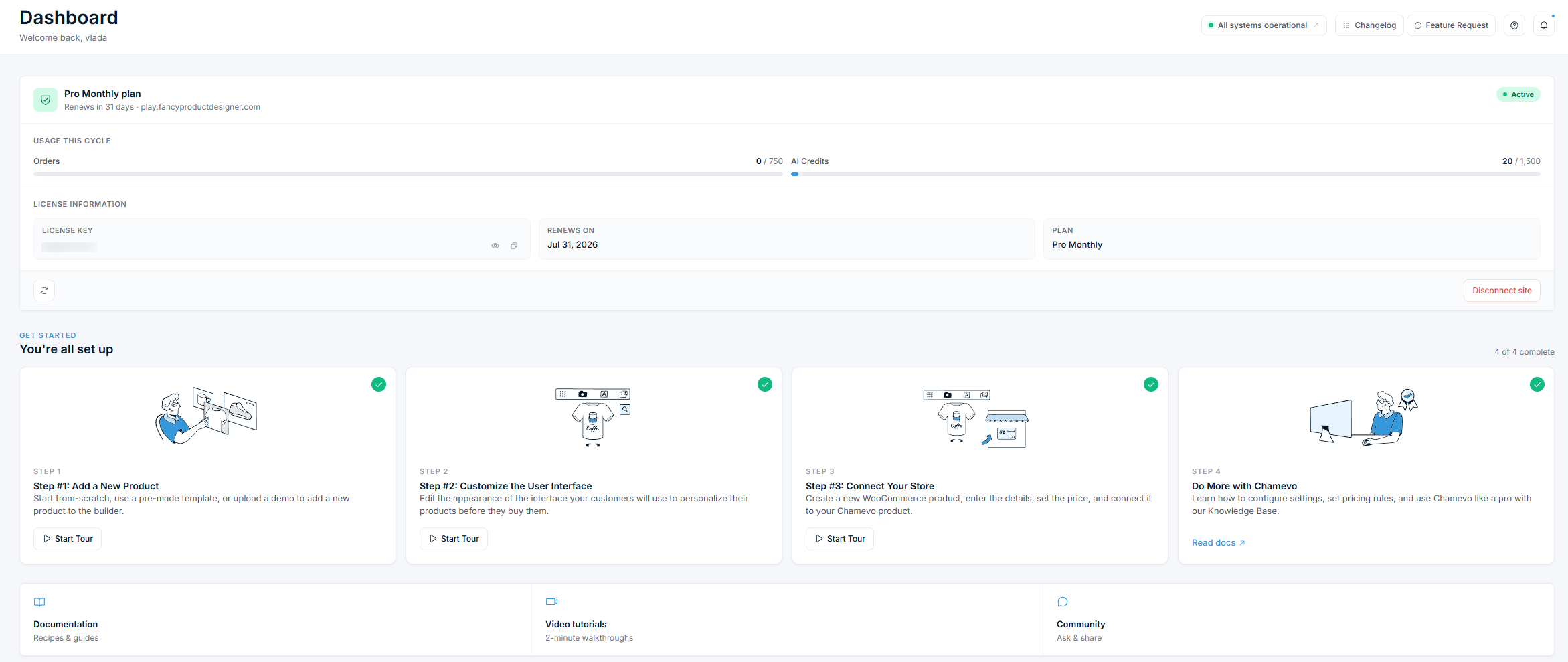 Dashboard β plan usage, license details, and Get started checklist