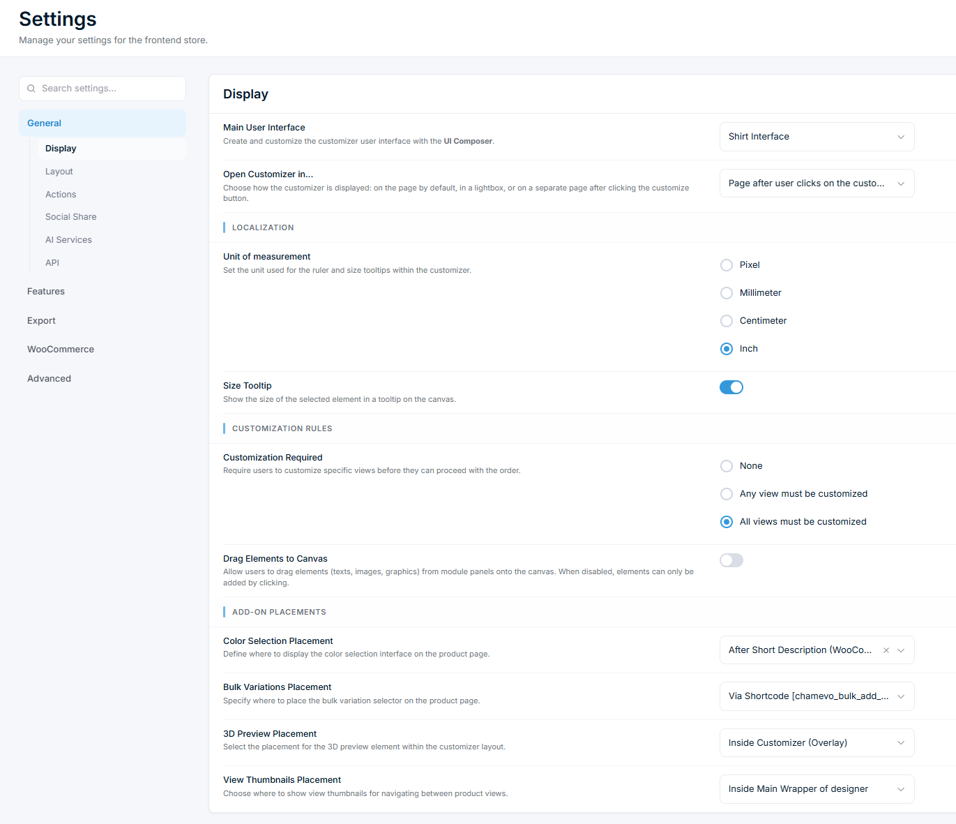 Settings — General → Display → Add-on Placements, with the 3D Preview Placement dropdown