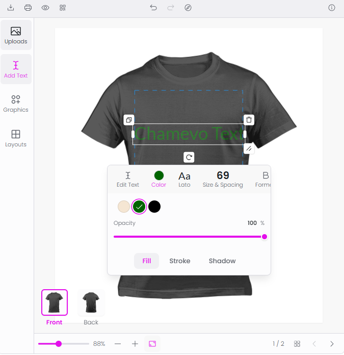 Product customizer — text element selected with Fill, Stroke, and Shadow color tabs and a palette of swatches