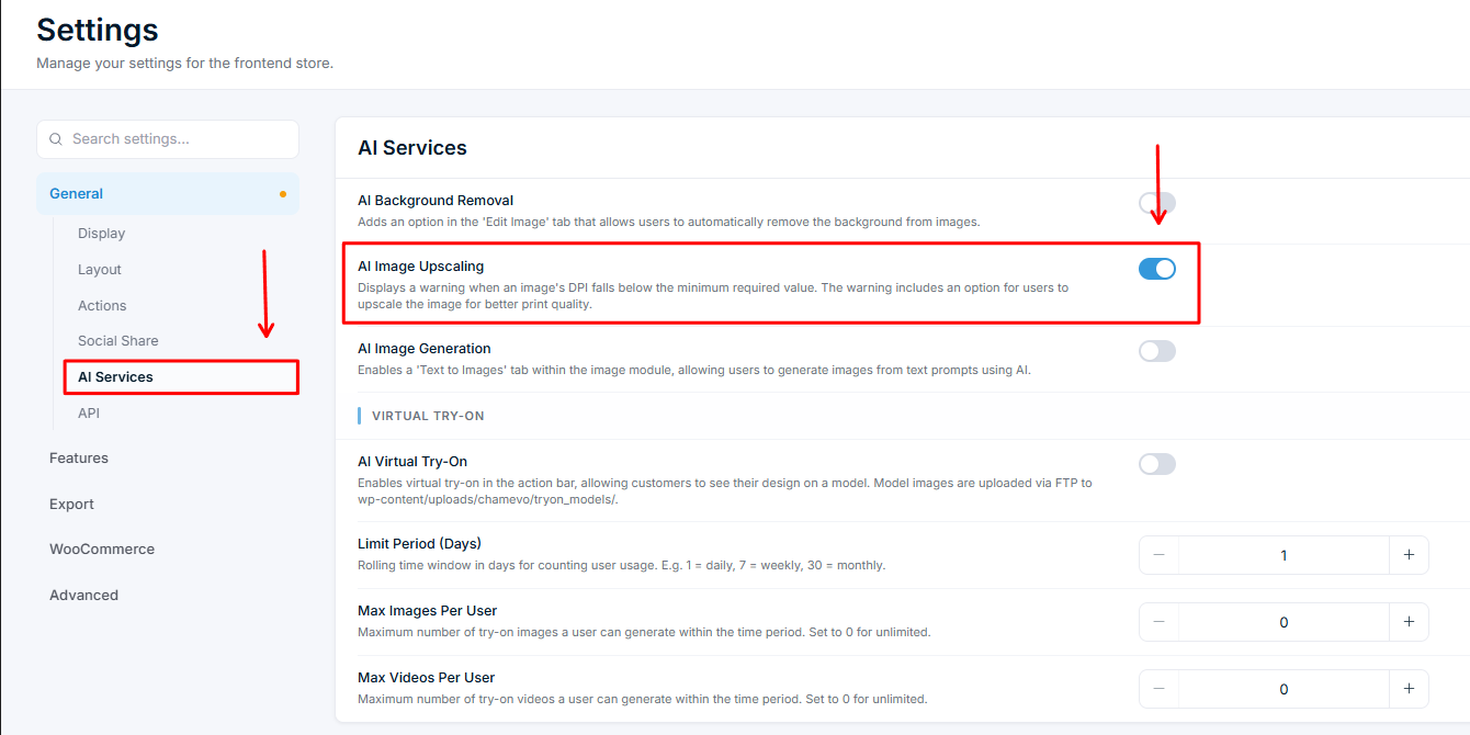 Settings — AI Image Upscaling toggle