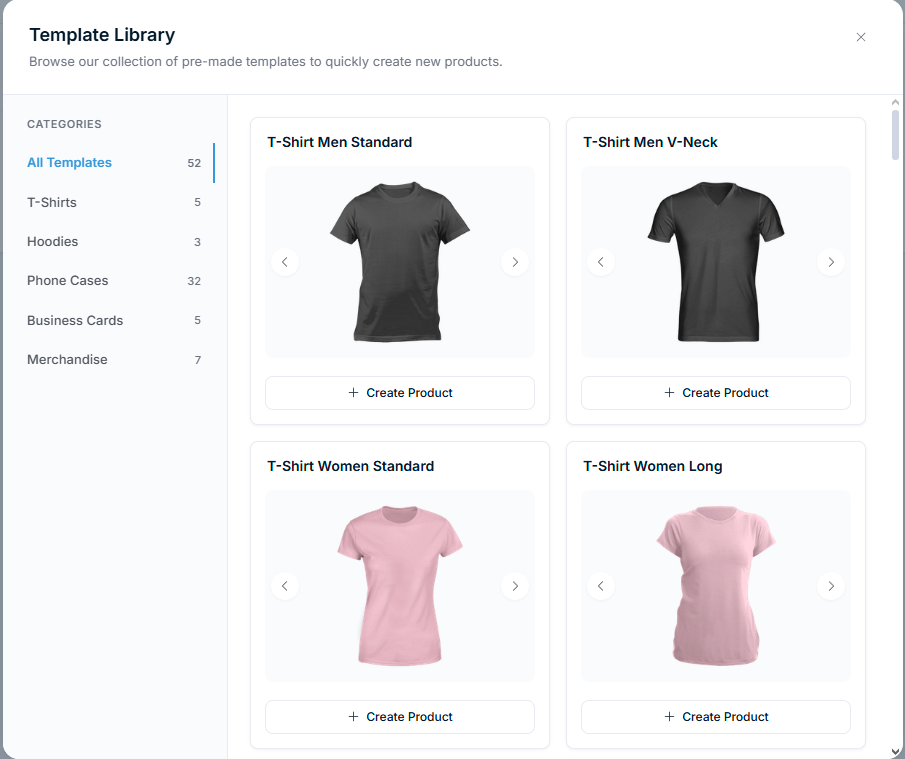 Template Library showing category filter and template preview cards with thumbnails