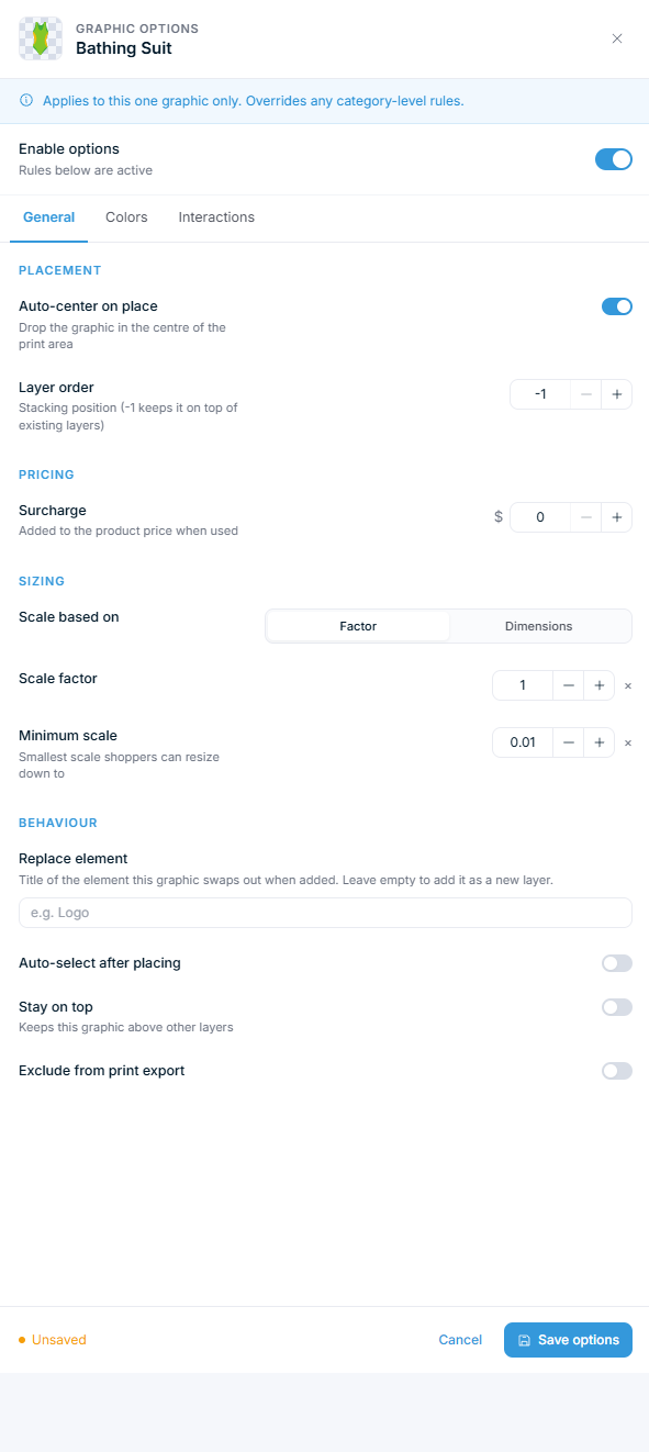 Graphic Options — General tab with placement, pricing, sizing, and behavior settings