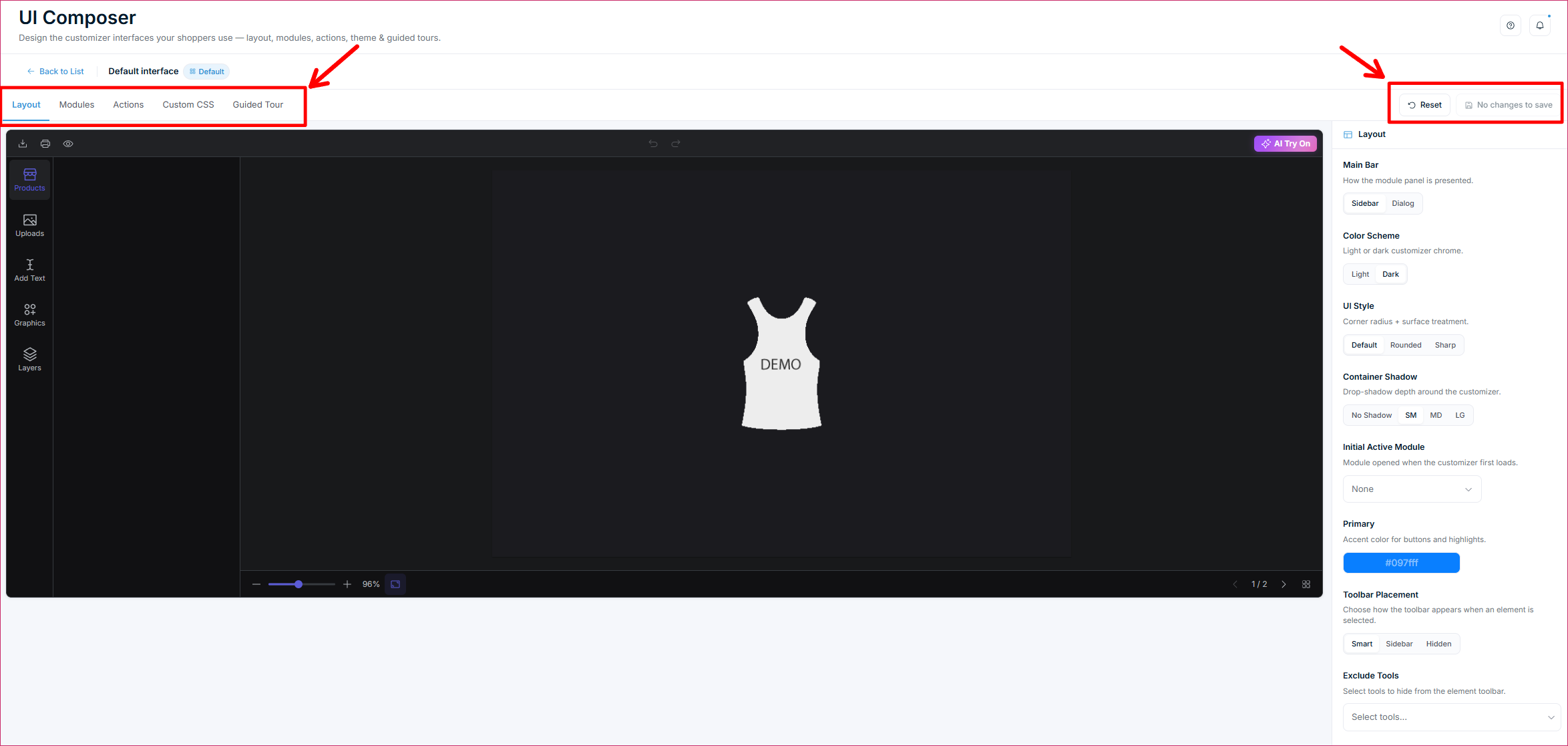 UI Composer – Editor mit fünf Tabs (Layout, Modules, Actions, Custom CSS, Guided Tour) und Reset/Save oben rechts