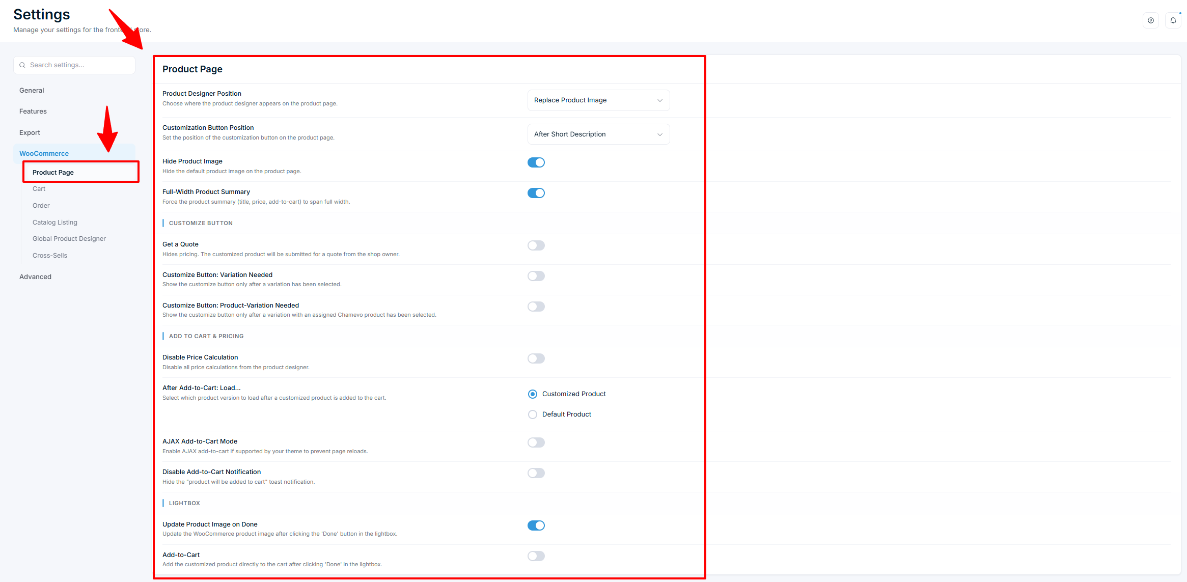Settings — WooCommerce Product Page with Product Designer Position and Customization Button Position