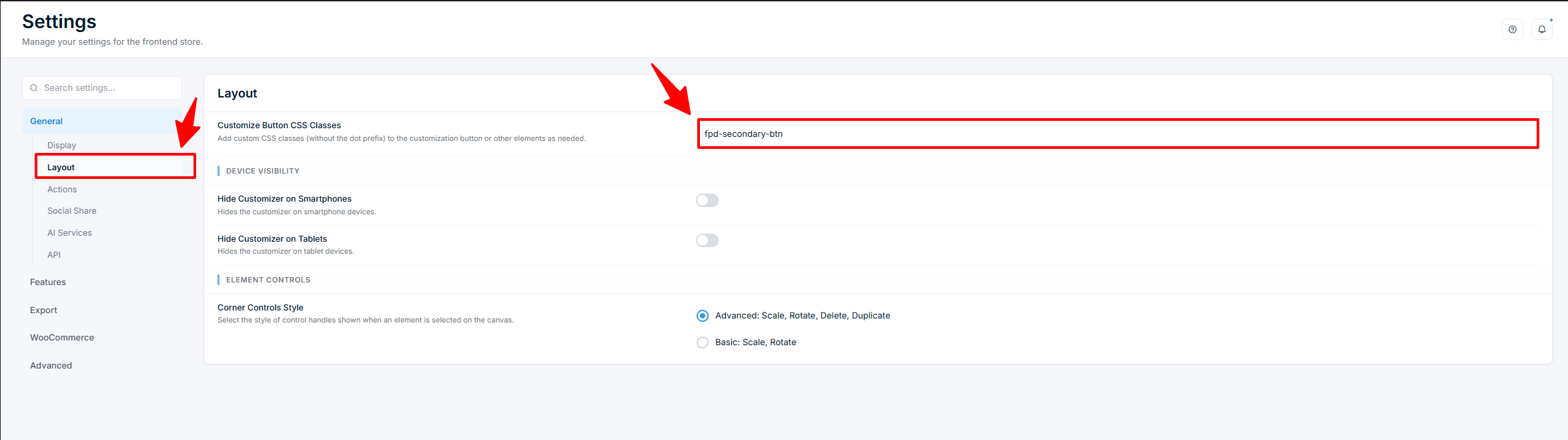 Settings — General Layout with Customize Button CSS Classes