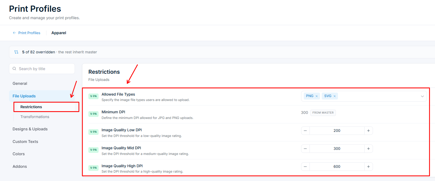 Print Profile – File Uploads Restrictions für Bekleidung