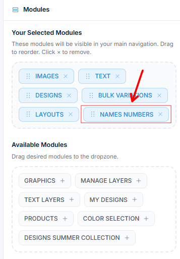 UI Composer, Tab „Modules" — „Names Numbers" zu „Your Selected Modules" hinzugefügt