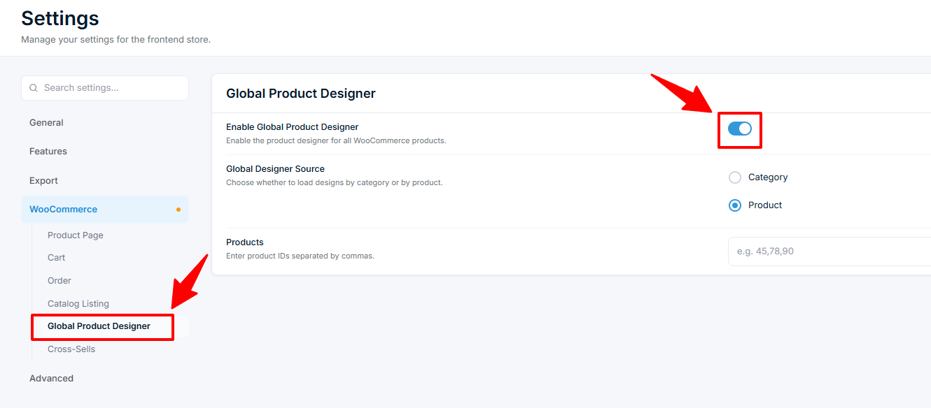 Settings — Global Product Designer with Enable toggle and Global Designer Source