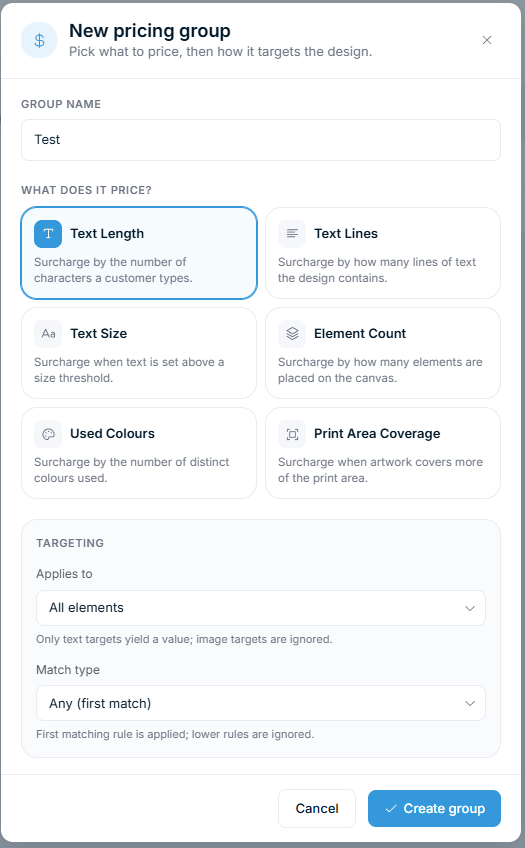 Dialog „New pricing group": Group name, ausgewählte Eigenschaftskarte Text Length und der Bereich Targeting mit Applies to und Match type