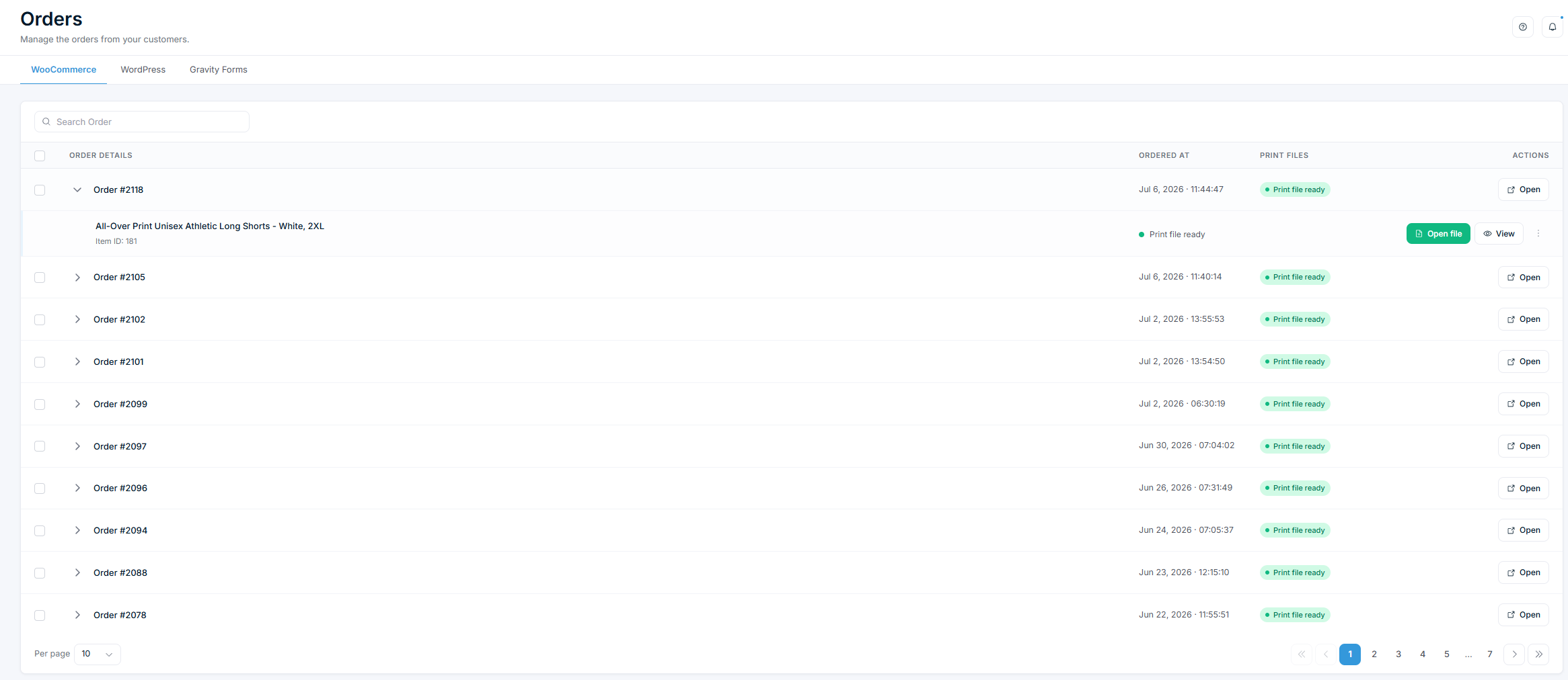 Orders page — order list with status indicators
