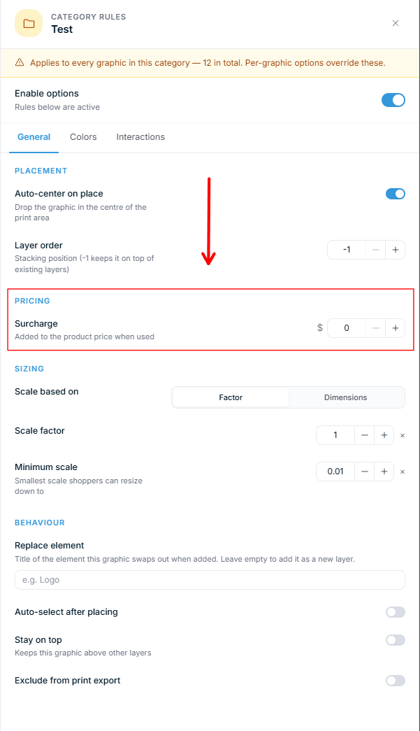 Category Rules panel showing the Pricing section with the Surcharge field