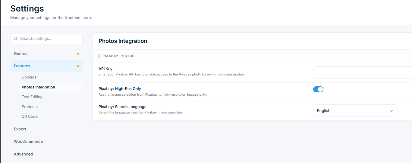 Settings — Features, Photos Integration with the Pixabay Photos API Key field