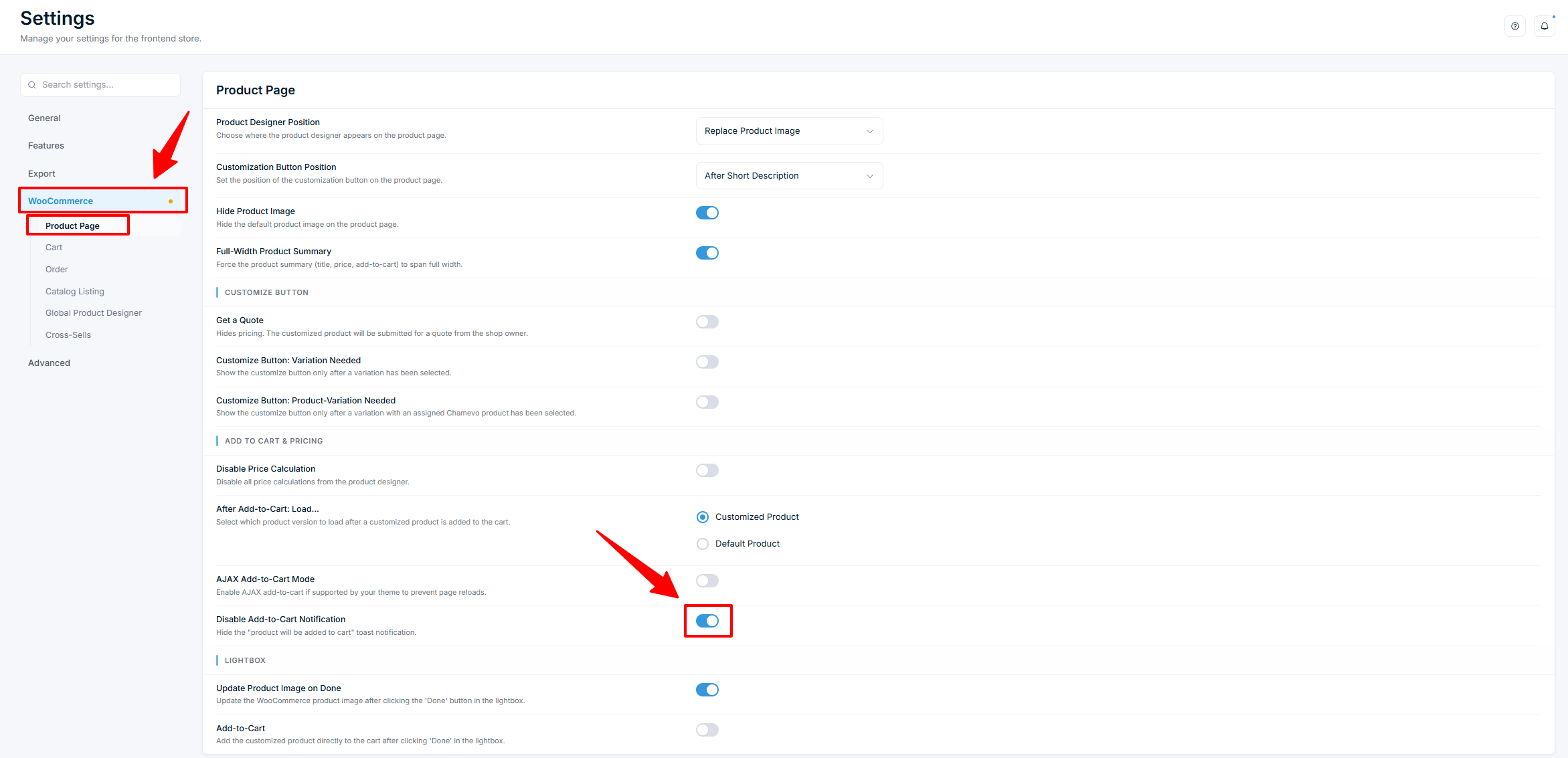 Settings β WooCommerce Product Page with Disable Add-to-Cart Notification