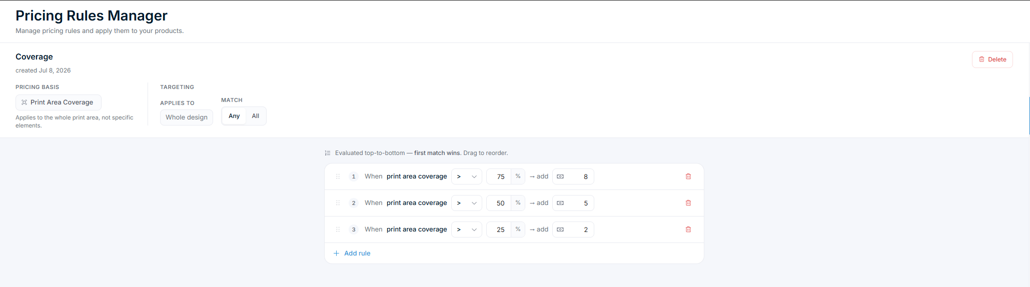 Pricing Rules Manager mit der Coverage-Gruppe und drei Print Area Coverage-Regeln, geordnet mit dem höchsten Schwellenwert zuerst