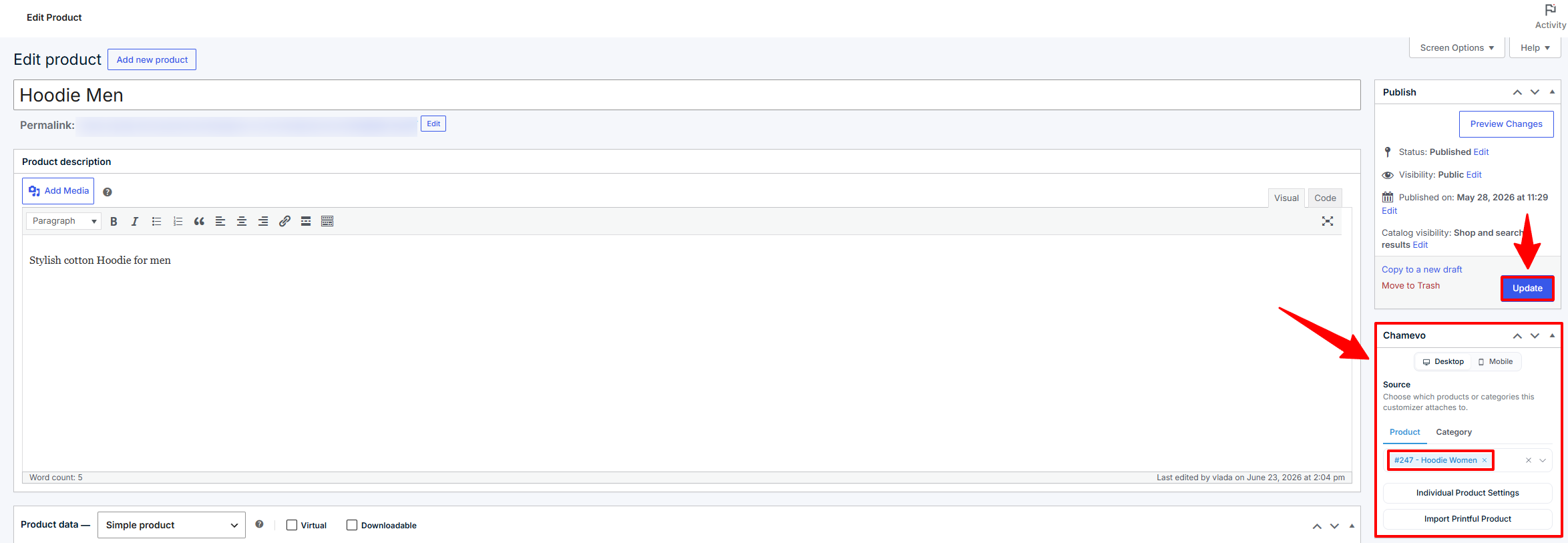 WooCommerce product β Chamevo meta box