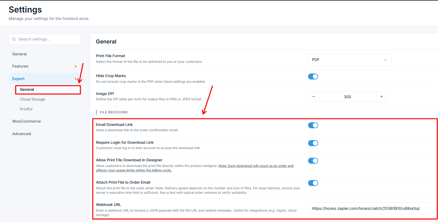 Settings — Export-Tab mit dem Feld Webhook URL