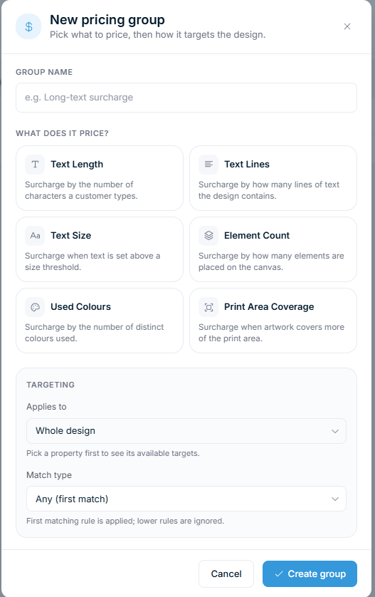 Dialog „New pricing group" mit den Eigenschaftskarten und dem Bereich Targeting mit Applies to und Match type