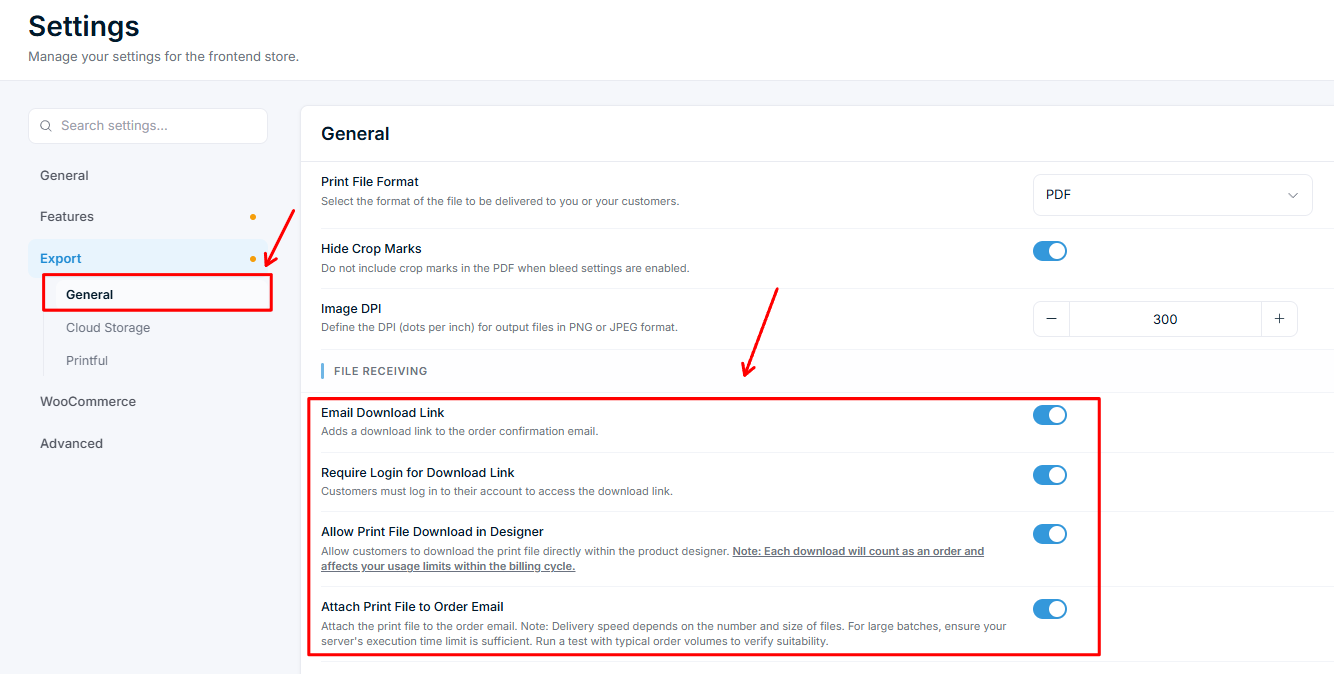 Settings — Export File Receiving mit Optionen für Email Download Link