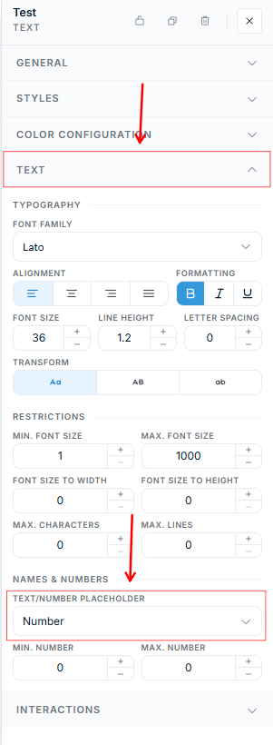 Product Builder — Dropdown „Text/Number Placeholder" eines Textelements im Abschnitt „Names & Numbers"