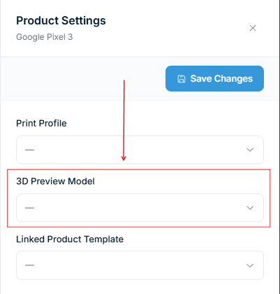 Product Settings panel β 3D Preview Model dropdown