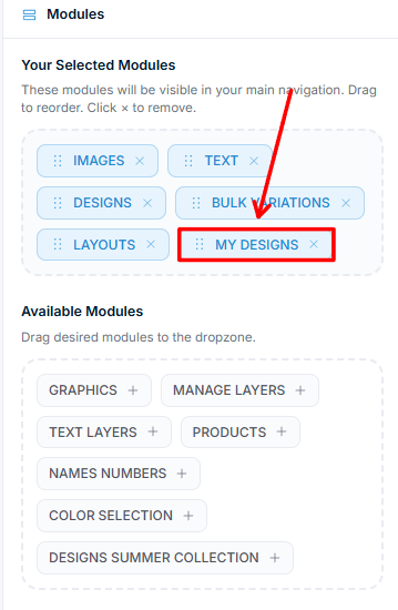 UI Composer, Tab „Modules" — „My Designs" zu „Your Selected Modules" hinzugefügt