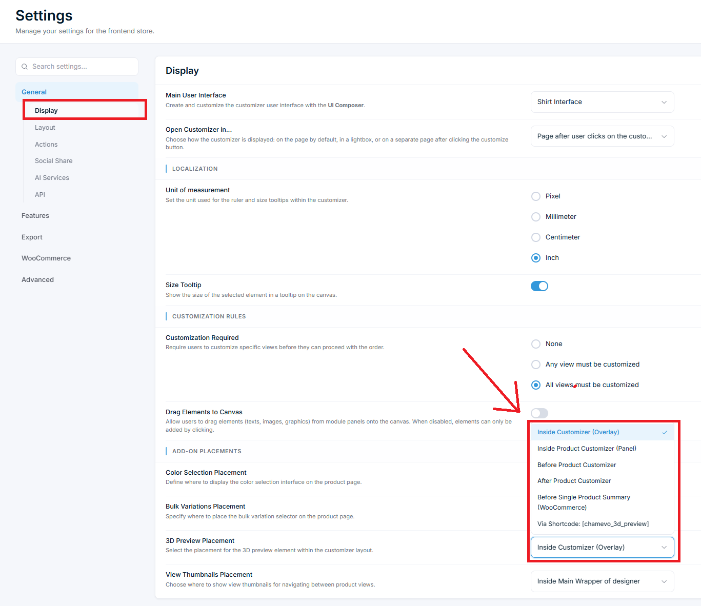 Settings β 3D Preview Placement dropdown open, showing all placement options
