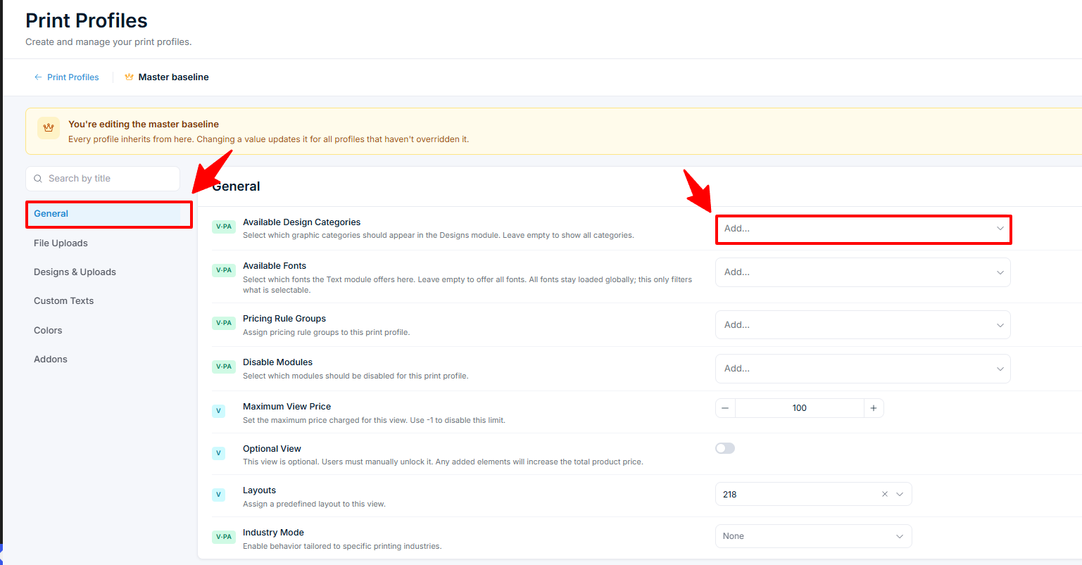 Print Profiles — General tab with Graphic Categories