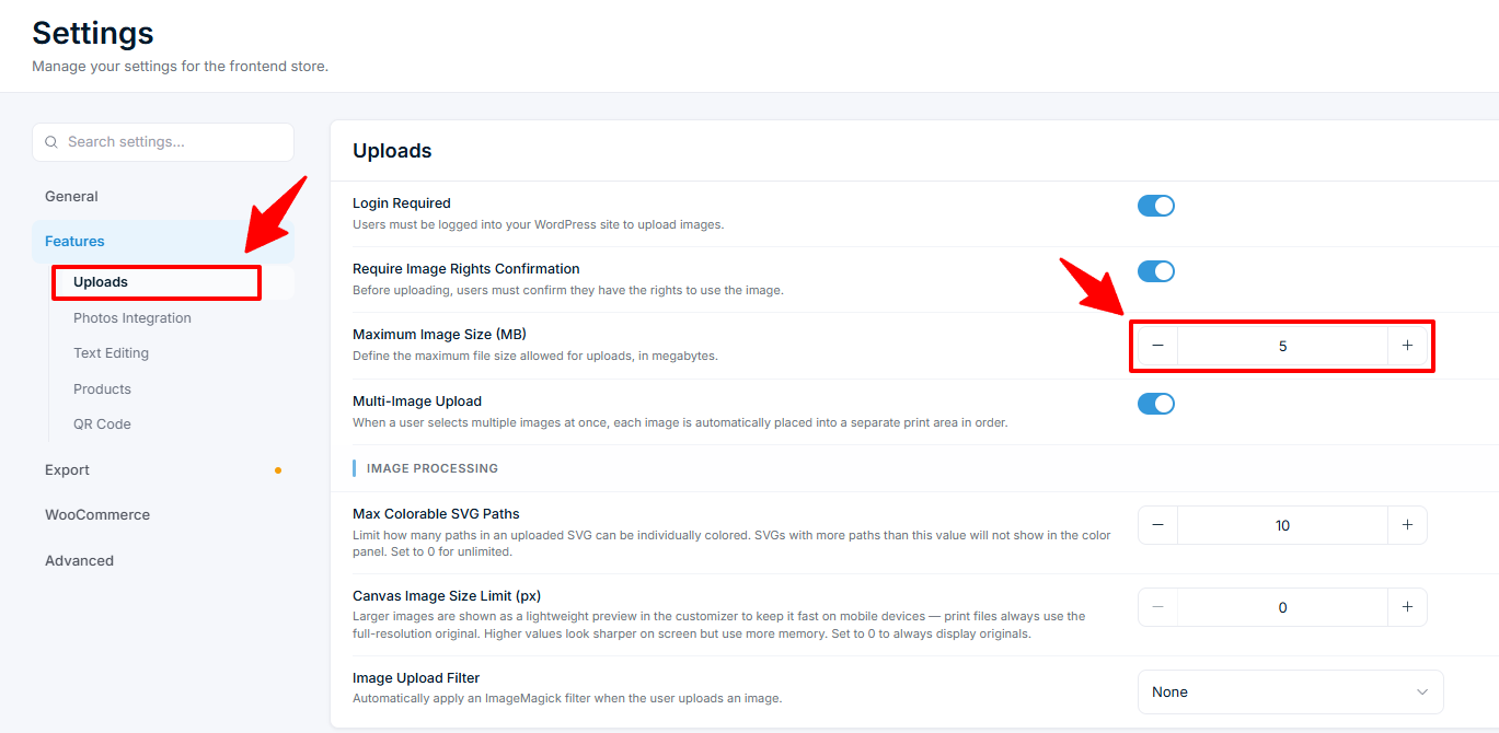 Settings — Features Uploads with Maximum Image Size and Canvas Image Size Limit