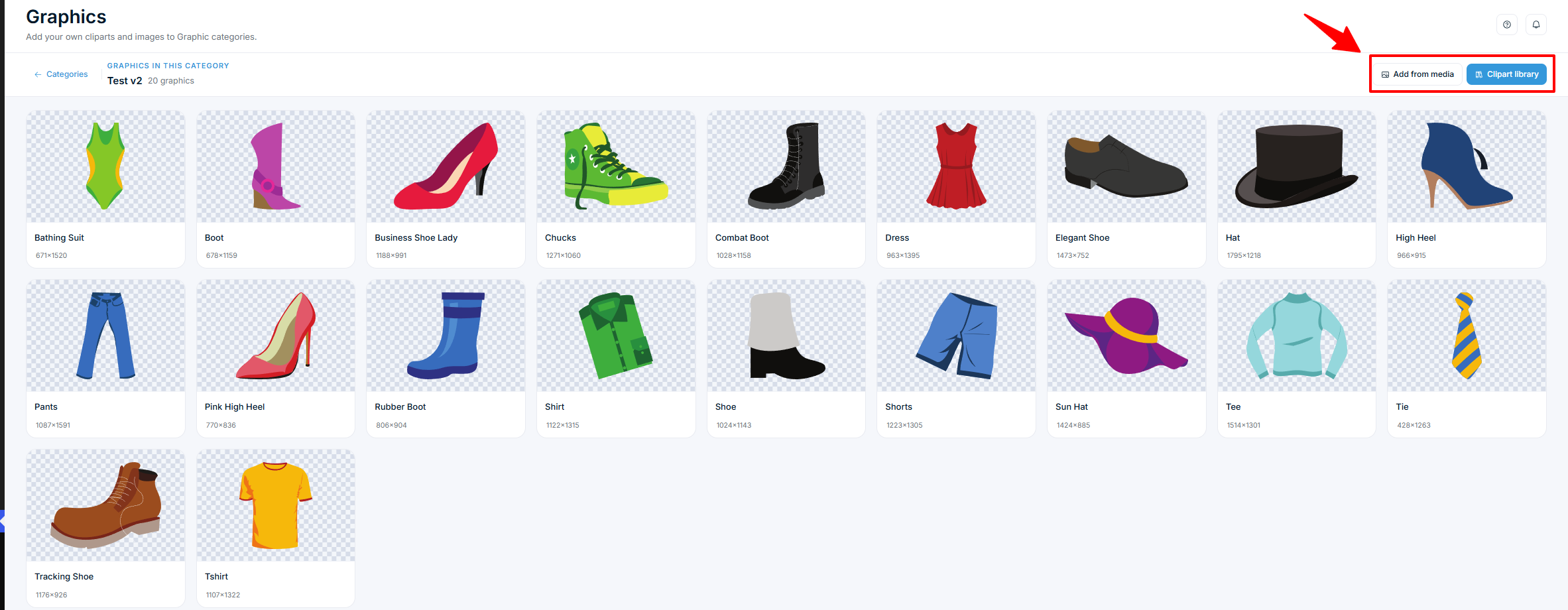 Graphics — category with uploaded graphics and Add from media button