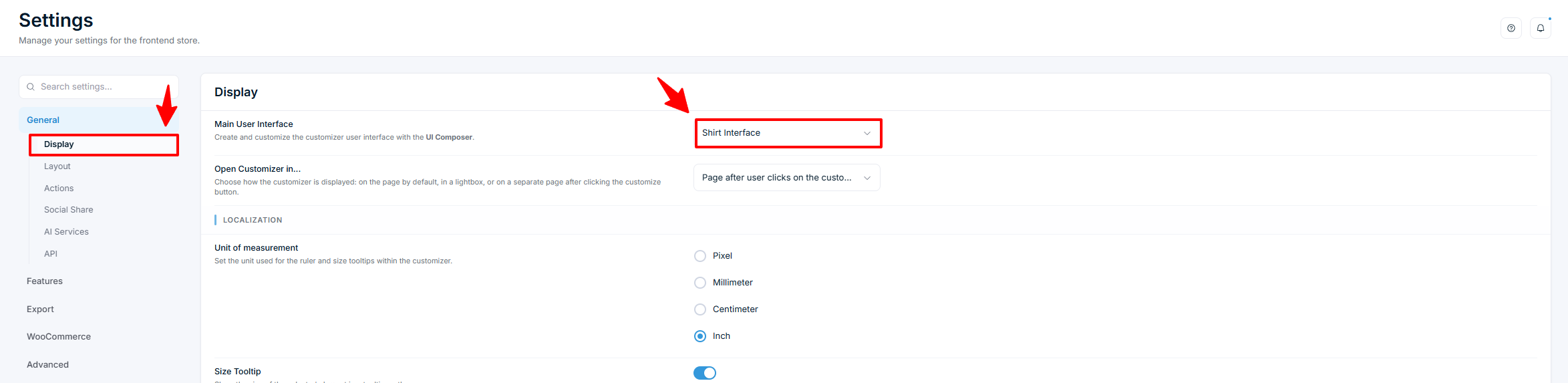 Settings – General Display mit Main User Interface auf ein individuelles Interface eingestellt