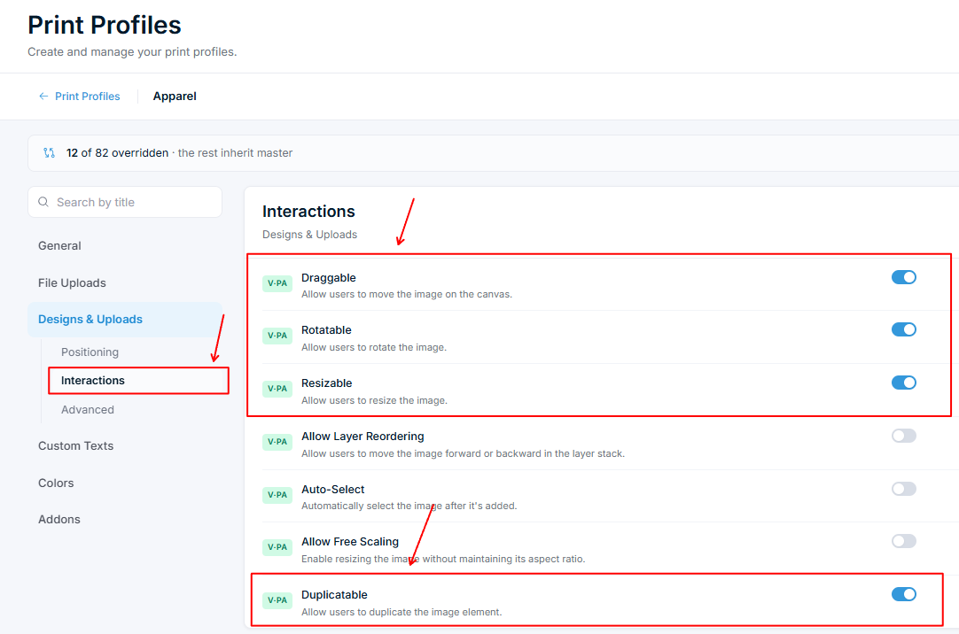 Print Profile – Designs & Uploads Interactions