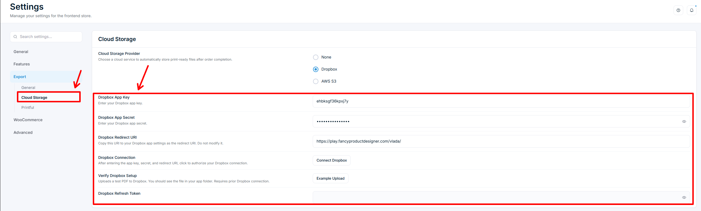 Settings — Export tab with Dropbox connected