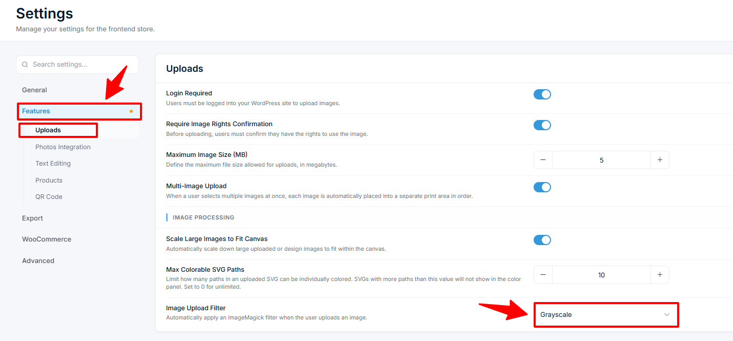Settings — Image Processing section with Canvas Image Size Limit above the Image Upload Filter dropdown