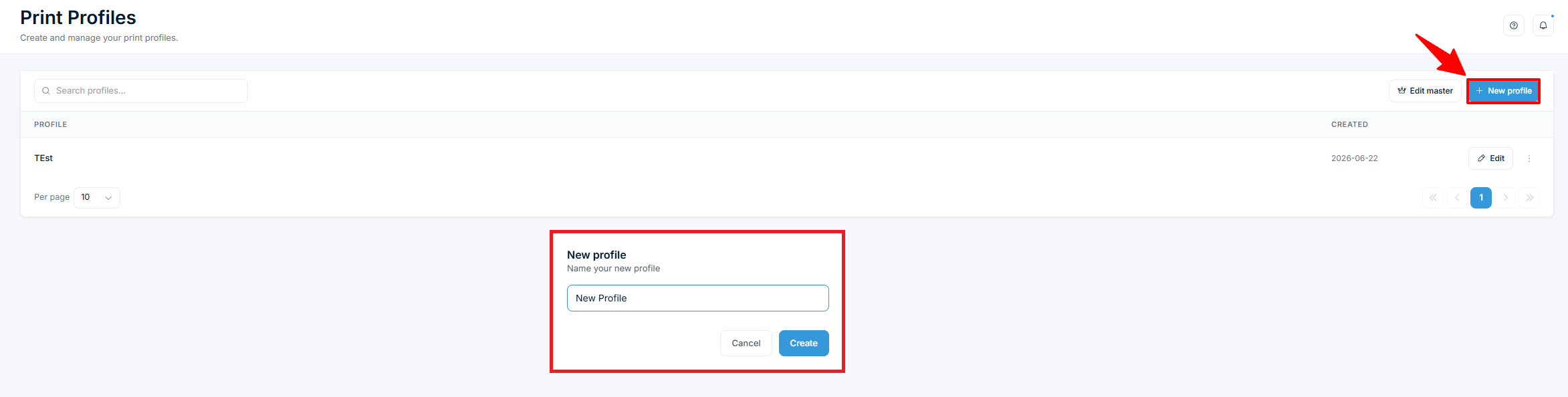 Print Profiles — list with New profile dialog